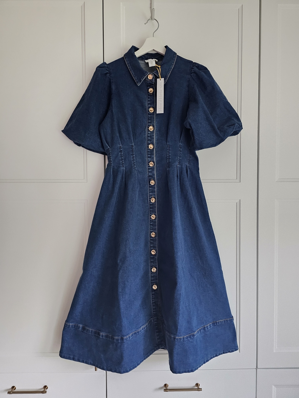House of Harlow 1960 Dark Blue Denim Shirt Midi Dress Gold Buttons US6 NWT $250